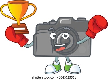 Super cool Boxing winner of digital camera in mascot cartoon design
