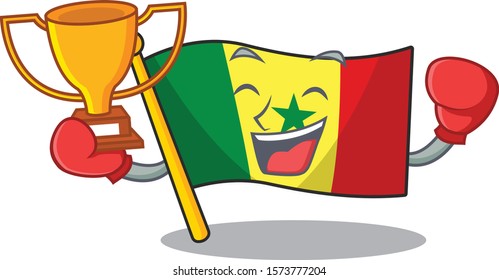 Super cool Boxing winner Flag Senegal in mascot cartoon style