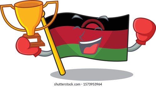 Super cool Boxing winner flag malawi in mascot cartoon style