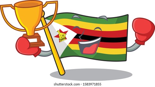 Super cool Boxing winner flag zimbabwe in mascot cartoon style