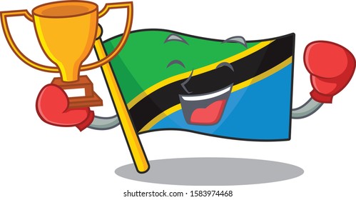 Super cool Boxing winner flag tanzania in mascot cartoon style
