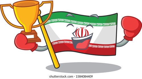 Super cool Boxing winner flag iran in mascot cartoon style