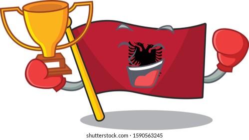Super cool Boxing winner flag albania Scroll in mascot cartoon design