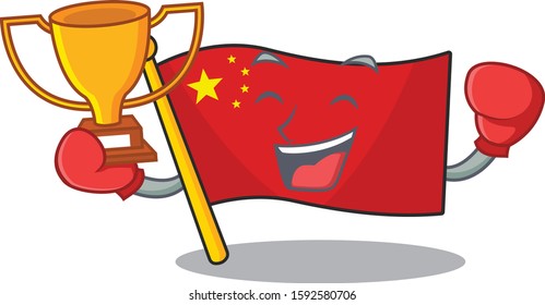 Super cool Boxing winner flag china Scroll in mascot cartoon design