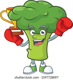 Super cool Boxing winner green broccoli in mascot cartoon style