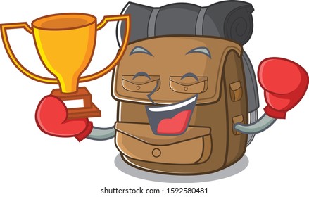 Super cool Boxing winner hiking backpack Scroll in mascot cartoon design