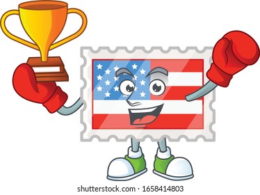 Super cool Boxing winner of independence day stamp in mascot cartoon design