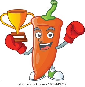 Super cool Boxing winner orange chili in mascot cartoon style