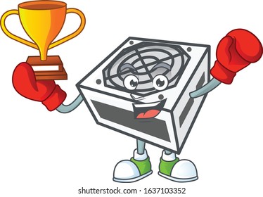 Super cool Boxing winner of power supply unit white color in mascot cartoon design