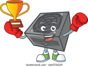 Super cool Boxing ganador del color negro de la unidad de fuente de alimentación en el diseño de caricaturas de mascota