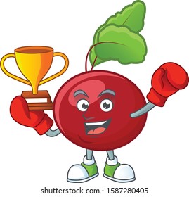 Super cool Boxing winner red beet greens in mascot cartoon style