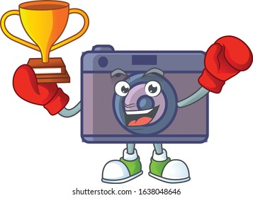 Super cool Boxing winner of retro camera in mascot cartoon design