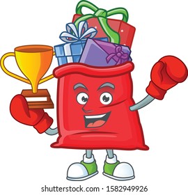 Super cool Boxing winner santa bag full of gift in mascot cartoon style