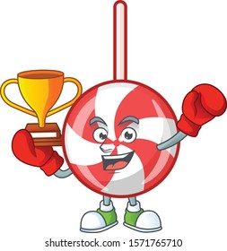 Super cool Boxing winner striped peppermint candy in mascot cartoon style