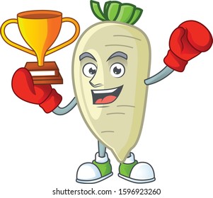 Super cool Boxing winner white radish in mascot cartoon style
