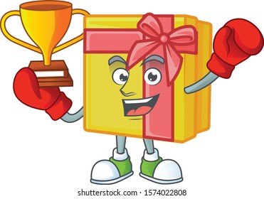 Super cool Boxing winner yellow gift box in mascot cartoon style