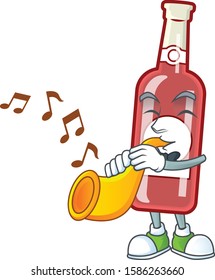 Super cool champagne red bottle cartoon character performance with trumpet