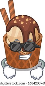 Super cool coffee ice cream mascot character wearing black glasses
