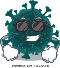 Super cool coronavirus COVID 19 mascot character wearing black glasses