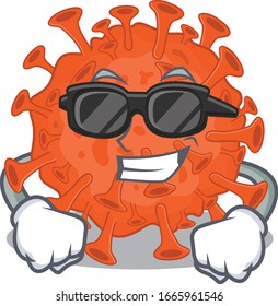 Super cool electron microscope coronavirus mascot character wearing black glasses