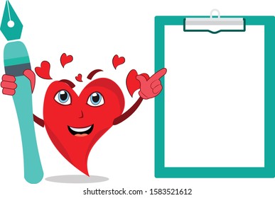 super cool funny heart lovely character holding pen indicating clipboard