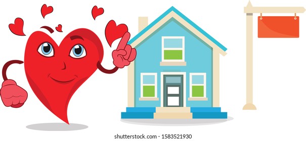 super cool funny heart lovely character pointing house blank sign