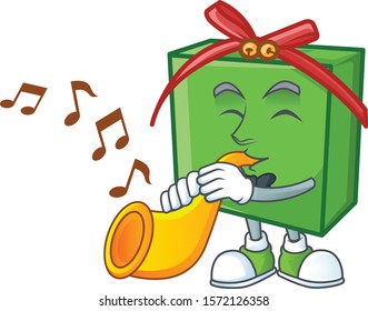 Super cool green gift box cartoon character performance with trumpet