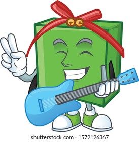 Super cool green gift box cartoon character performance with guitar