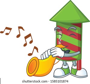 Super cool green stripes fireworks rocket cartoon character performance with trumpet