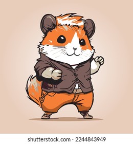 a super cool hamster with biker clothes, leather jacket and pants, clenched fists and smiling
