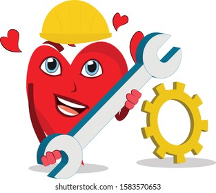 super cool happy funny heart lovely character repairman holding tool clog