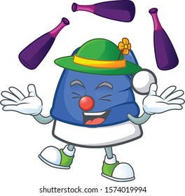 Super cool Juggling blue christmas hat mascot cartoon style