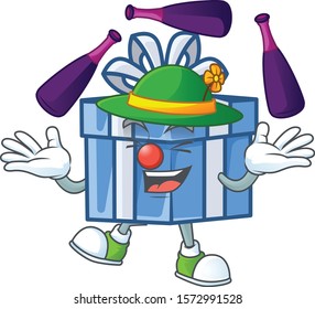 Super cool Juggling blue gift box mascot cartoon style