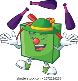 Super cool Juggling green gift box mascot cartoon style