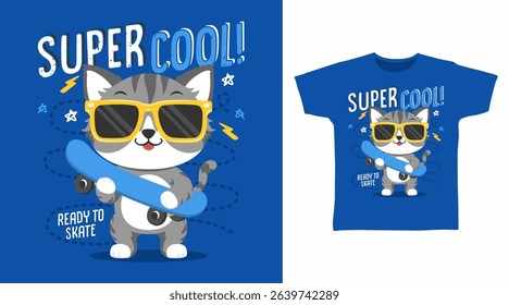 Super cool kitten with skateboard hand drawn illustration vector, ready for print on t-shirt and other uses