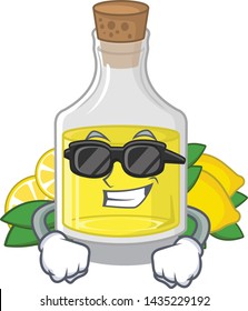 Super cool lemon cartoon oil bottle above table