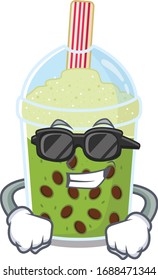 Super cool matcha bubble tea mascot Charakter mit schwarzer Brille