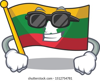 Super cool Myanmar waving flag hoisted on pole, cartoon character.