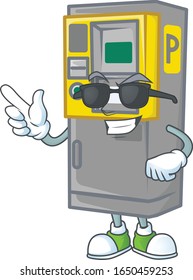 Super cool parking ticket machine mascot character wearing black glasses