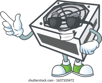 Super cool power supply unit white color mascot character wearing black glasses