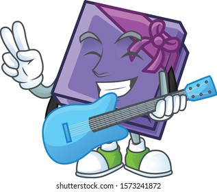 Super cool purple gift box cartoon character performance with guitar