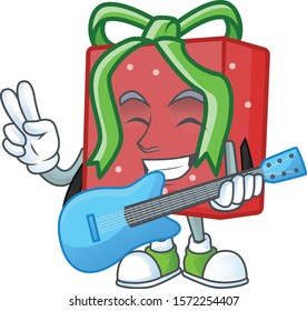 Super cool red gift box cartoon character performance with guitar
