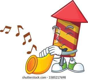 Super cool red stripes fireworks rocket cartoon character performance with trumpet