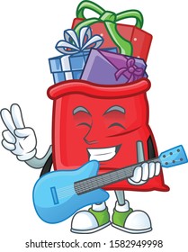 Super cool santa bag full of gift cartoon character performance with guitar