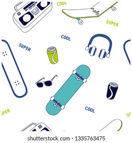 Super cool skater seamless pattern. Skateboarding elements drawing. Vector illustration design for fashion fabrics, textile graphics, prints, wallpapers and other uses.