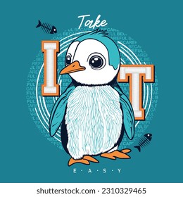 super cool slogan with cute animal 
 penguin , vector illustration