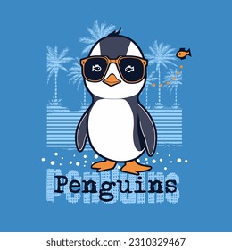 super cool slogan with cute animal 
 penguin , vector illustration