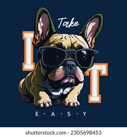 super cool slogan with cute french bulldog puppy , vector illustration