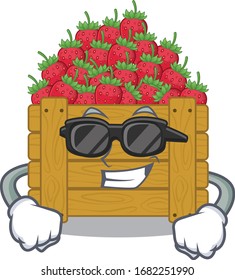 Super cool strawberry fruit box mascot character wearing black glasses