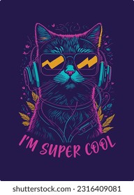 I'm Super Cool - t shirt design, vibrant neon colors with a retro style, suitable for printing on t-shirts, prints, posters, mobile cover